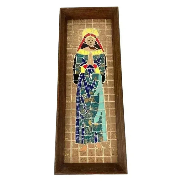VTG Virgin Mary Mosaic Tile Icon Art Mid Century Madonna MCM Wall Decor - Picture 1 of 16
